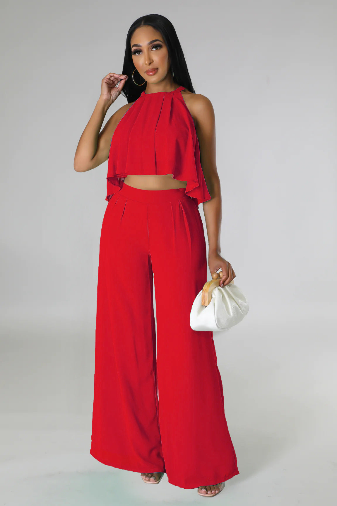Sleeveless Cropped Top Chiffon High-Waisted Loose Trousers Two-Piece Set