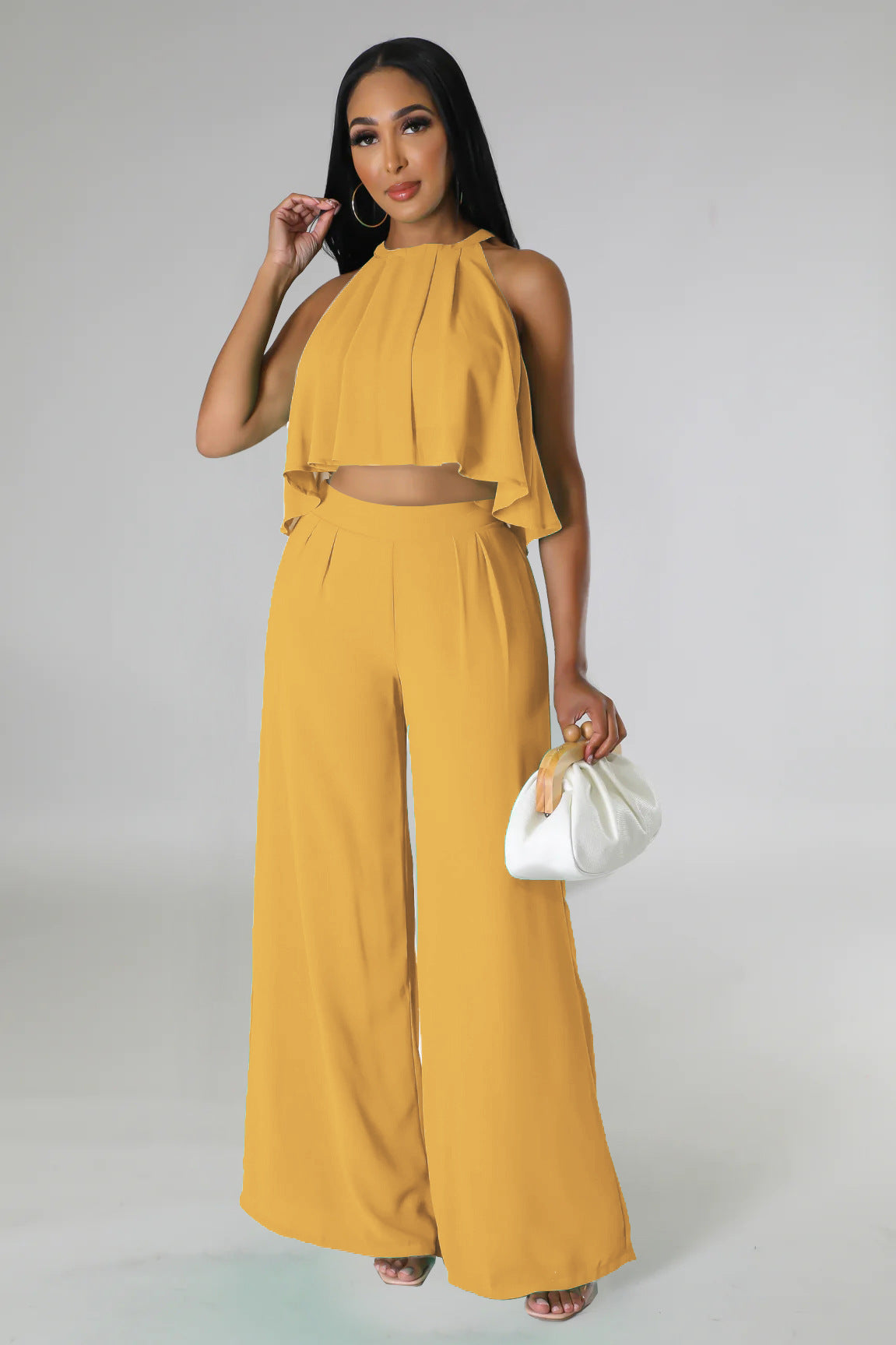 Sleeveless Cropped Top Chiffon High-Waisted Loose Trousers Two-Piece Set