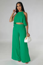 Sleeveless Cropped Top Chiffon High-Waisted Loose Trousers Two-Piece Set