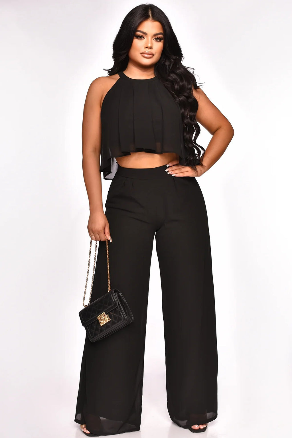 Sleeveless Cropped Top Chiffon High-Waisted Loose Trousers Two-Piece Set