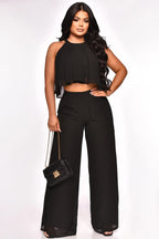 Sleeveless Cropped Top Chiffon High-Waisted Loose Trousers Two-Piece Set