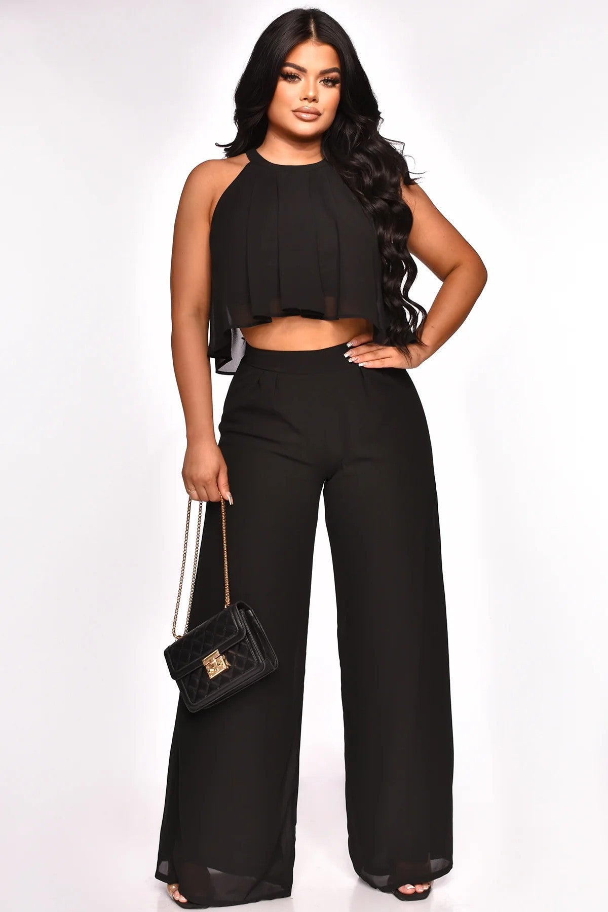 Sleeveless Cropped Top Chiffon High-Waisted Loose Trousers Two-Piece Set