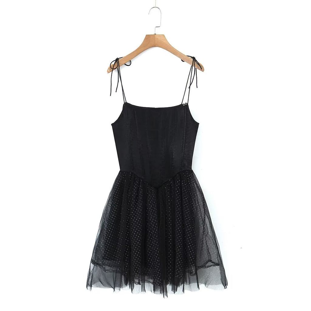 Women's Polka-Dot Spaghetti-Strap Lace Mini Dress