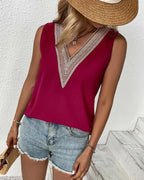 Women's Lace-Detail V-Neck Sleeveless Top – Relaxed Vest