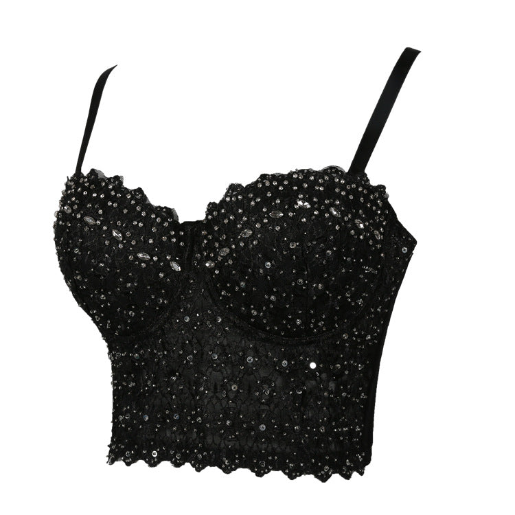 Women's Rhinestone Embroidered Backless Lace Top
