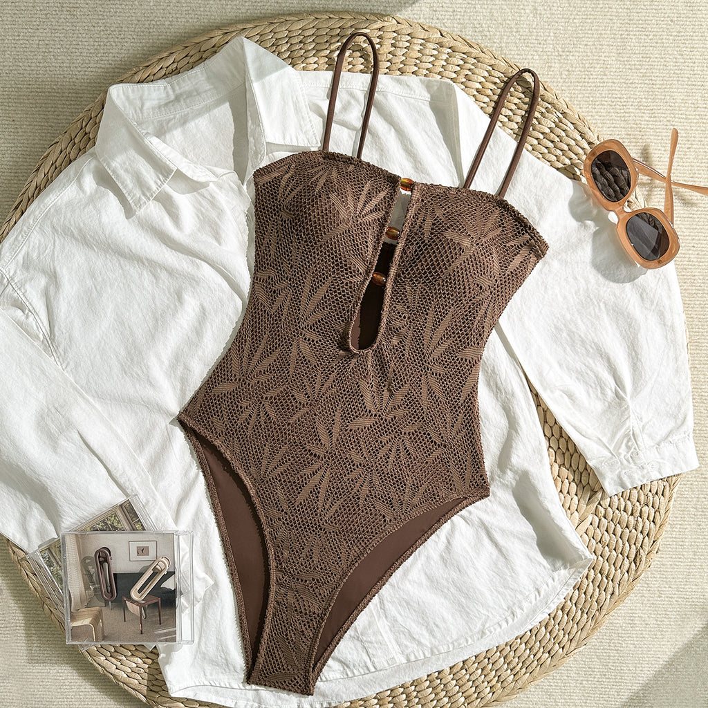 Women's Brown Jacquard Strappy One-Piece Swimsuit