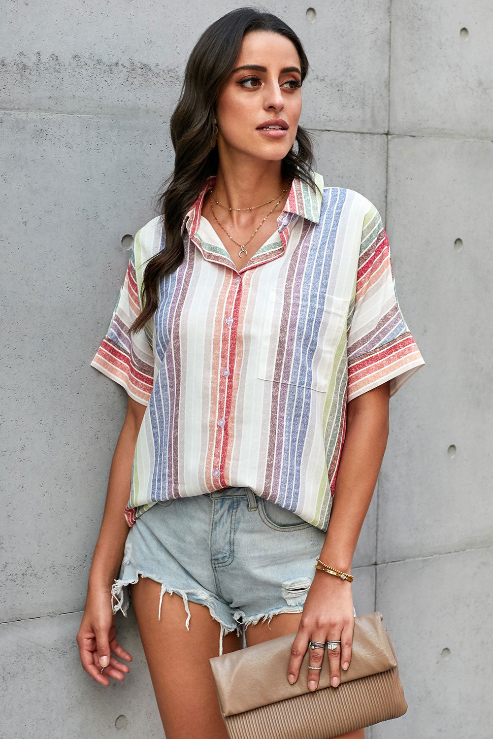 Women's Orange Happier With You Striped Button Top