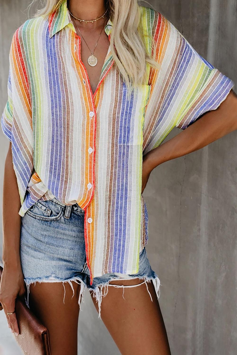 Women's Orange Happier With You Striped Button Top