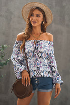 Women's Green Vintage Print Blouse – Split-Neck Long-Sleeve Top