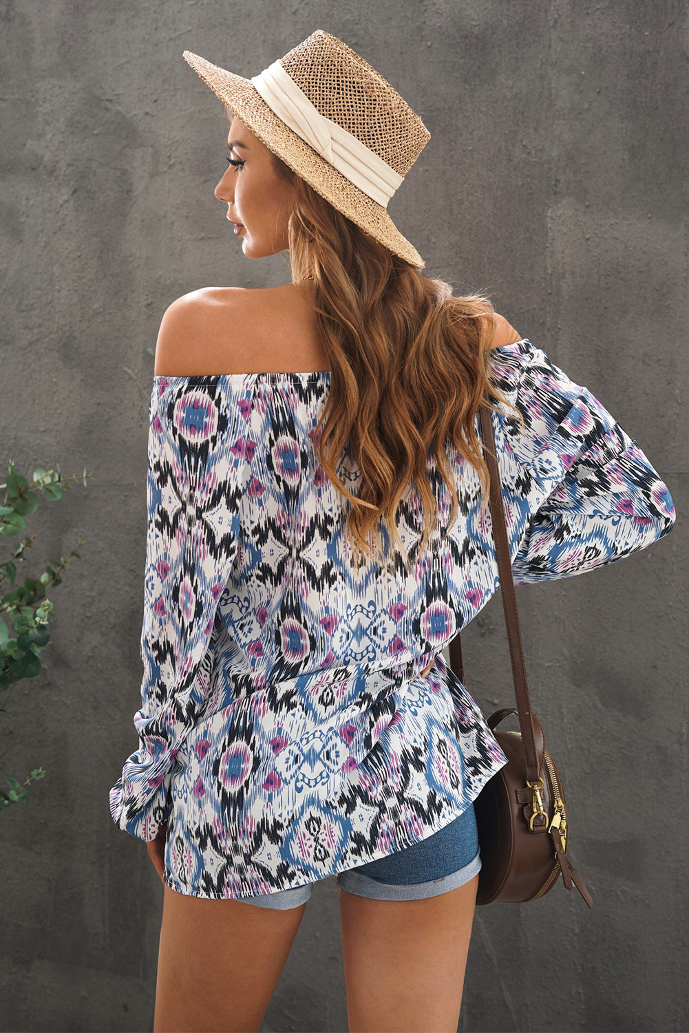 Women's Green Vintage Print Blouse – Split-Neck Long-Sleeve Top