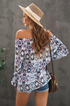 Women's Green Vintage Print Blouse – Split-Neck Long-Sleeve Top