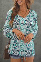 Women's Green Vintage Print Blouse – Split-Neck Long-Sleeve Top