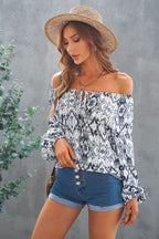 Women's Green Vintage Print Blouse – Split-Neck Long-Sleeve Top