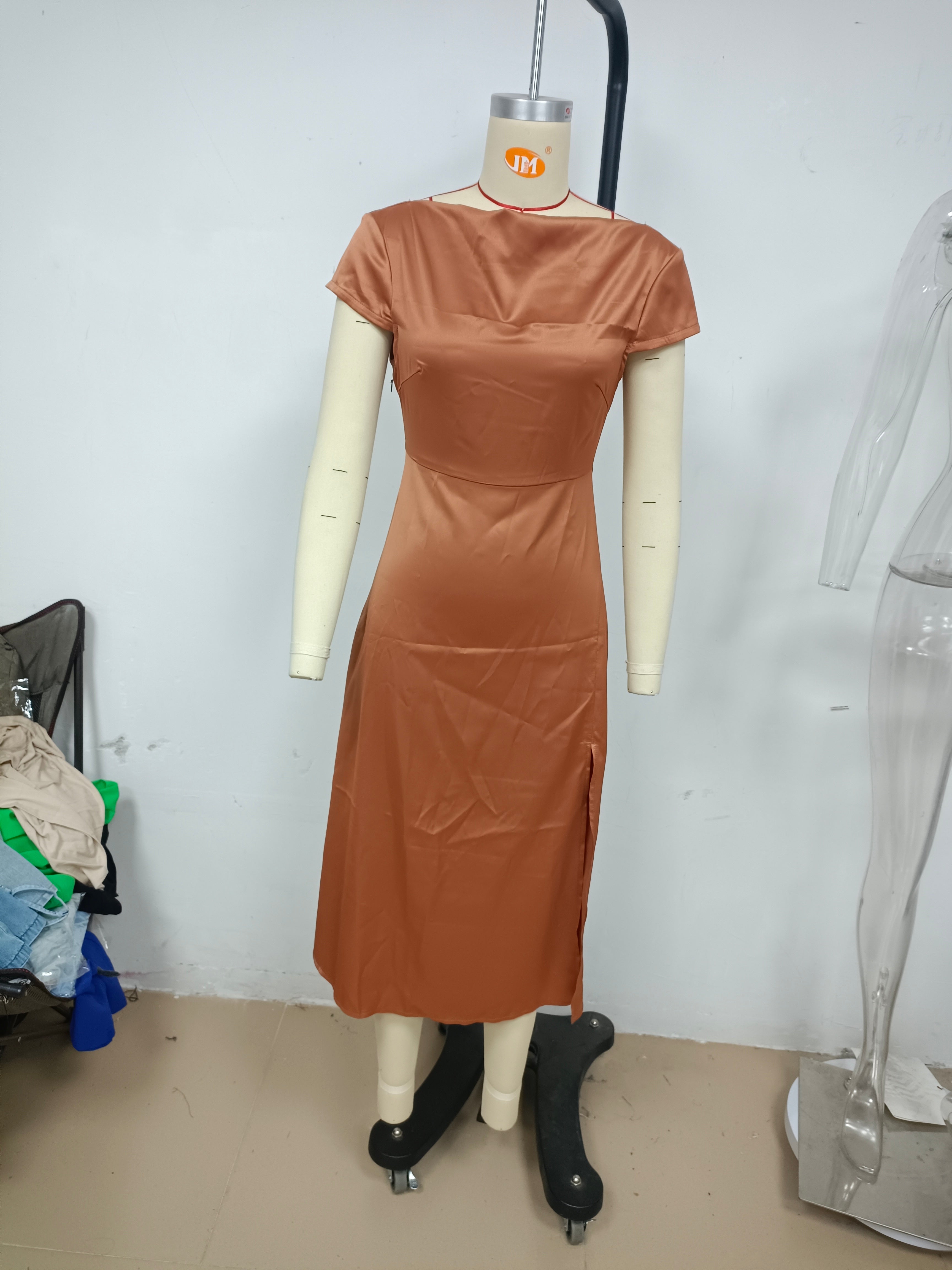 Women's Satin Backless Split A-Line Midi Dress