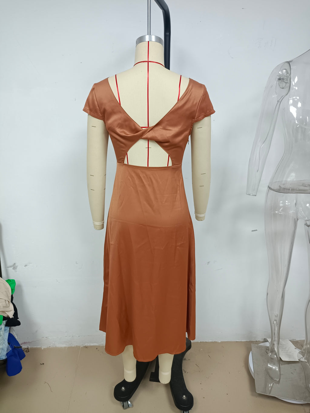 Women's Satin Backless Split A-Line Midi Dress