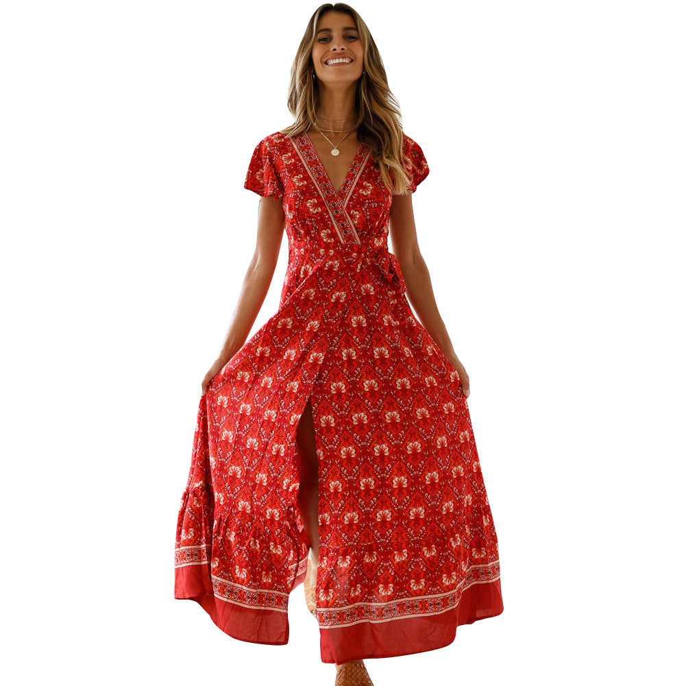 Women's Floral V-Neck Ruffle Wrap Vacation Dress