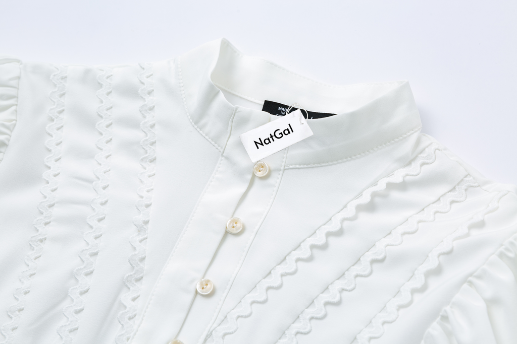 Women's Neck Lantern Sleeve Button Water Soluble Lace Edge Blouses