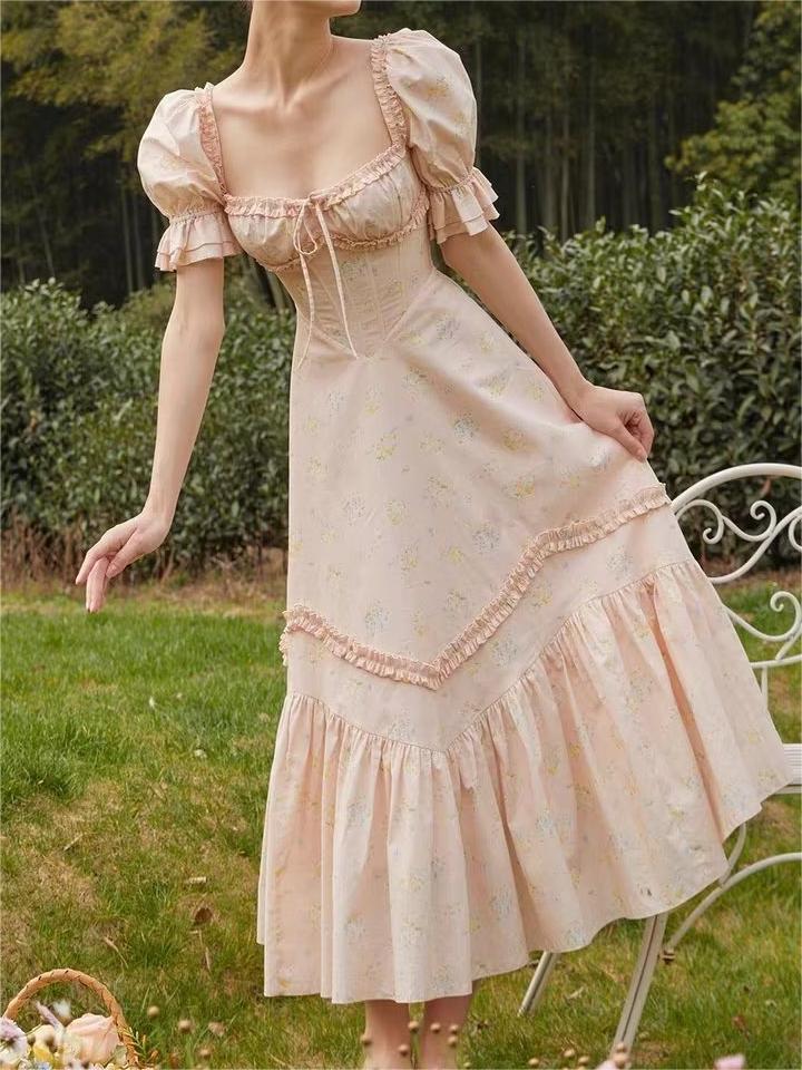 Women's Ruffle-Trim Floral Square-Neck Puff-Sleeve Dress