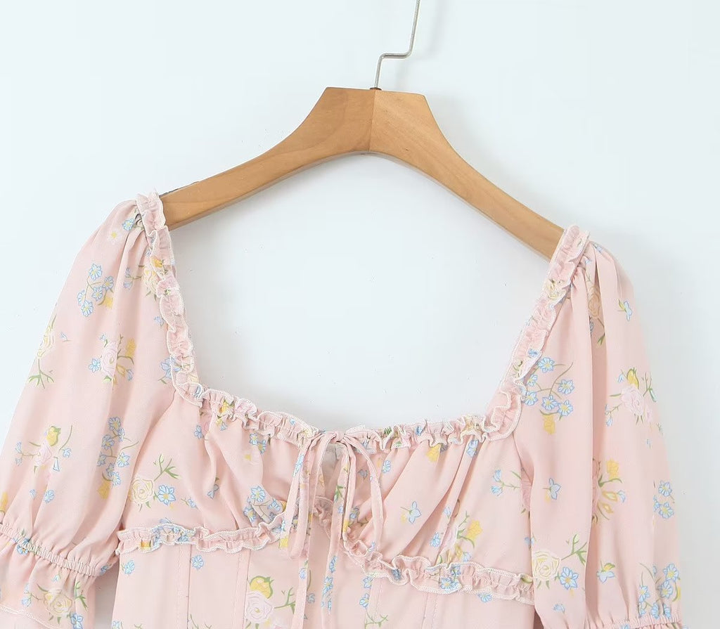 Women's Ruffle-Trim Floral Square-Neck Puff-Sleeve Dress
