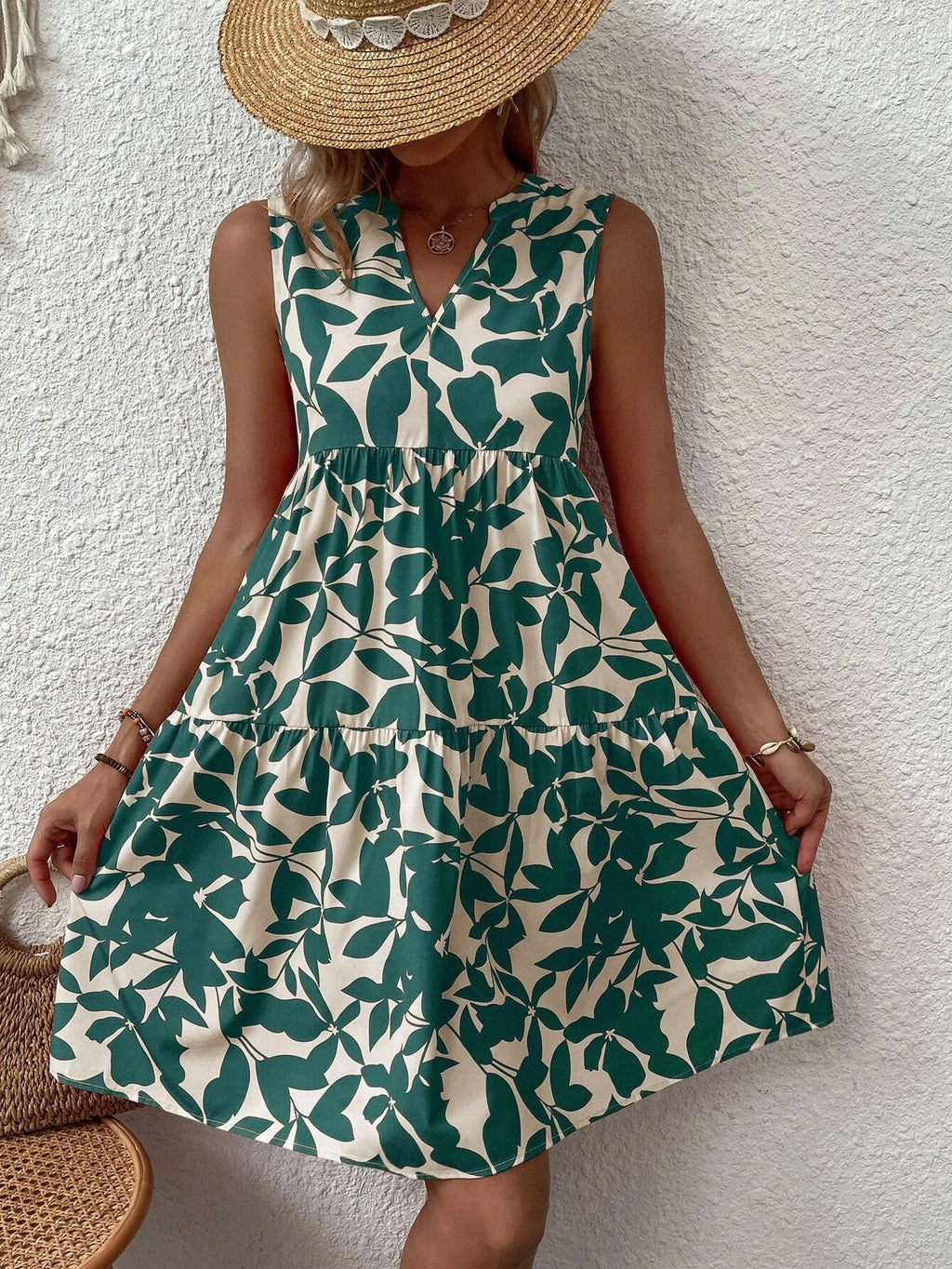 Bohemian Fashion Loose V-Neck Pleated Print Dress