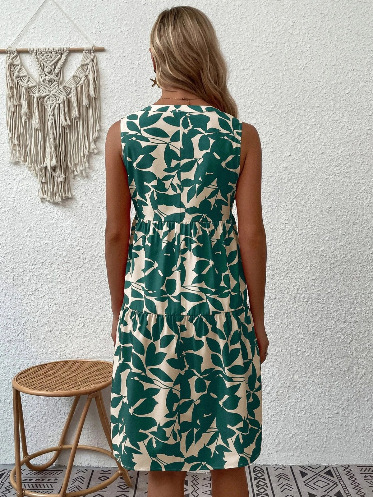 Bohemian Fashion Loose V-Neck Pleated Print Dress