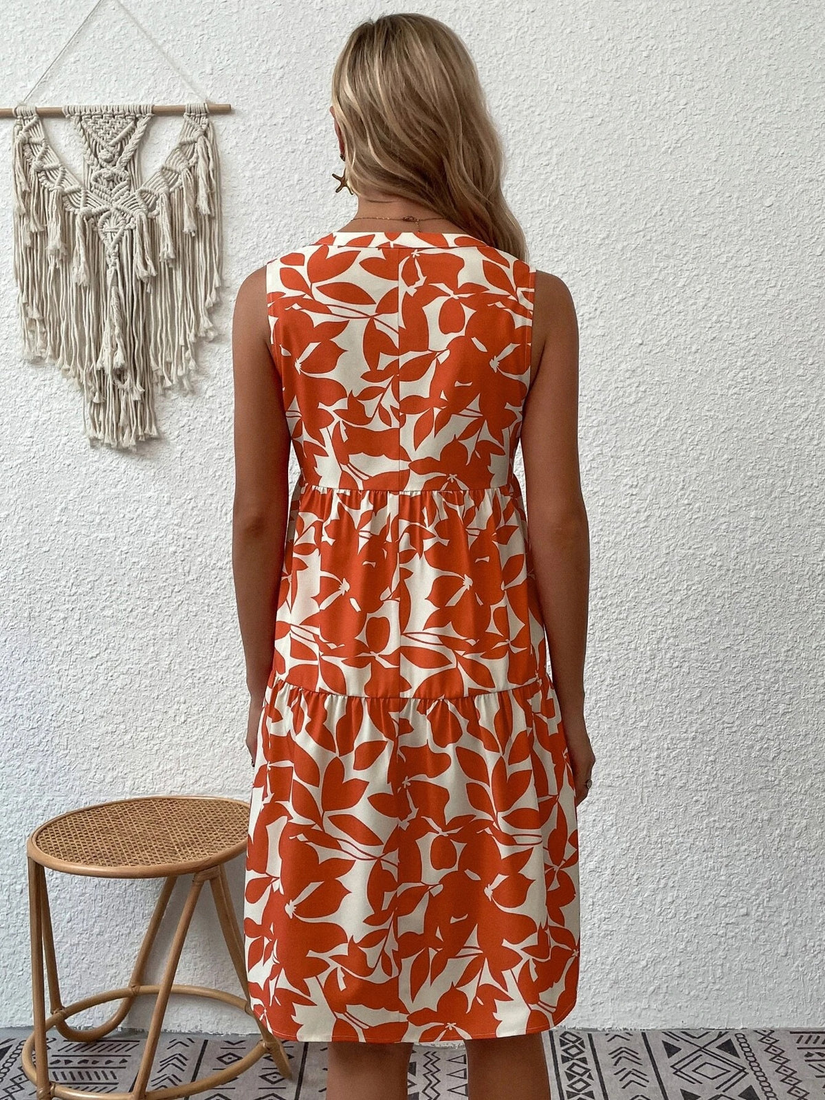 Bohemian Fashion Loose V-Neck Pleated Print Dress
