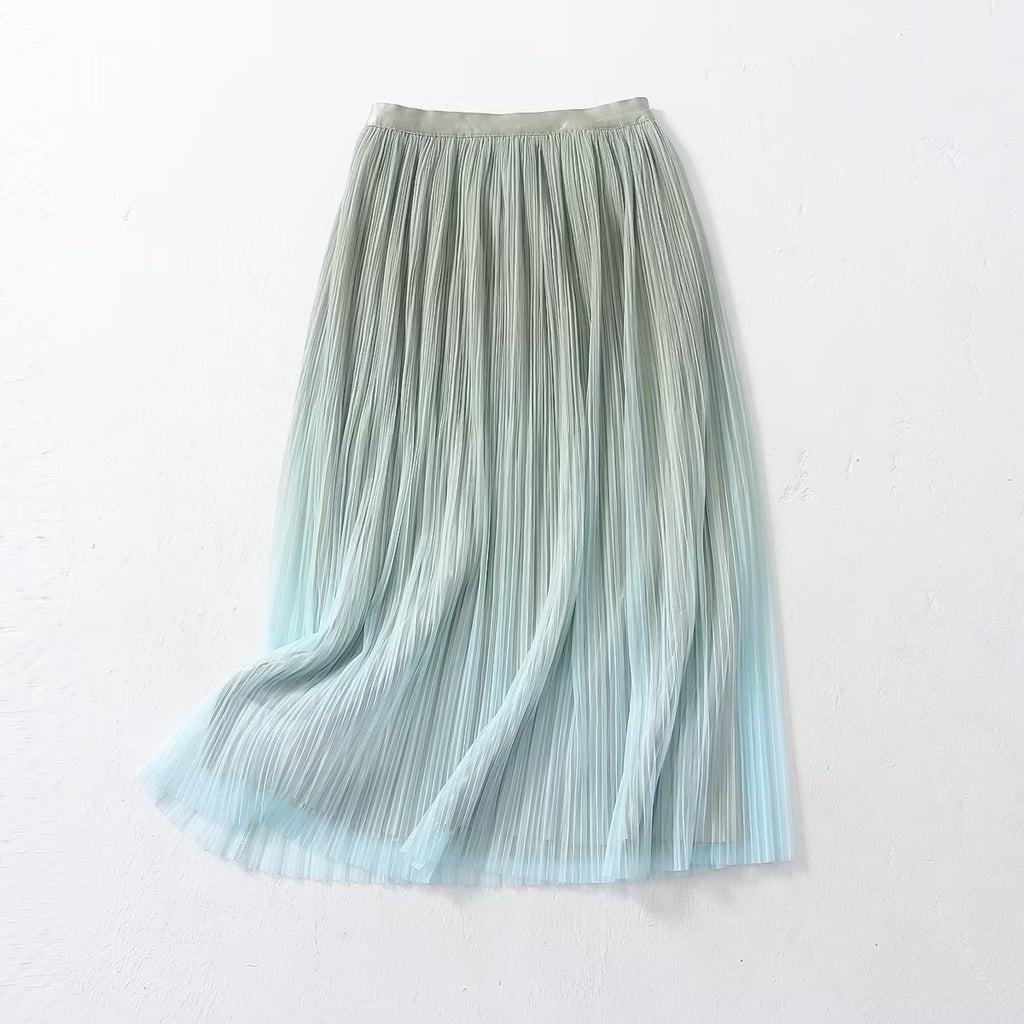 Elegant Graceful Gradient Color Pleated Spring Summer Skirt