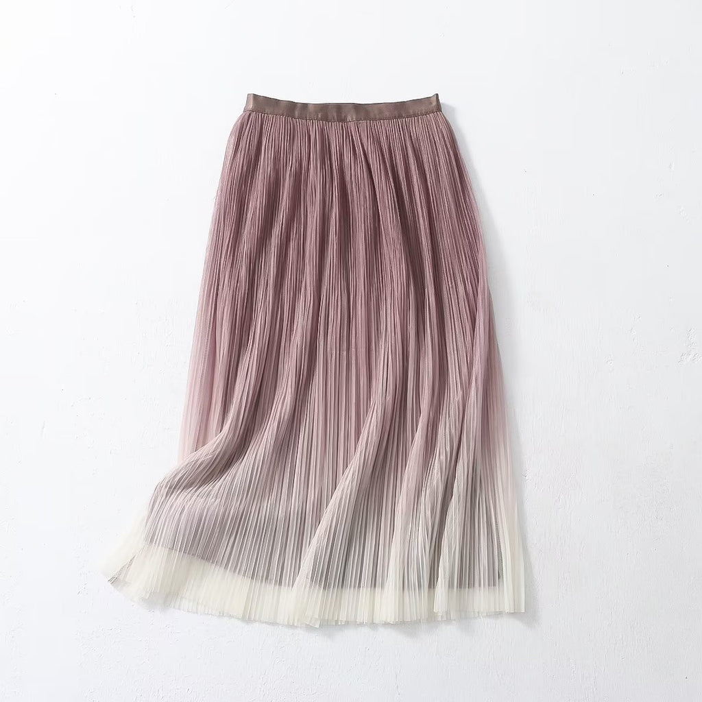 Elegant Graceful Gradient Color Pleated Spring Summer Skirt