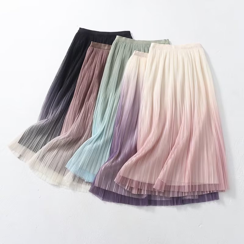 Elegant Graceful Gradient Color Pleated Spring Summer Skirt