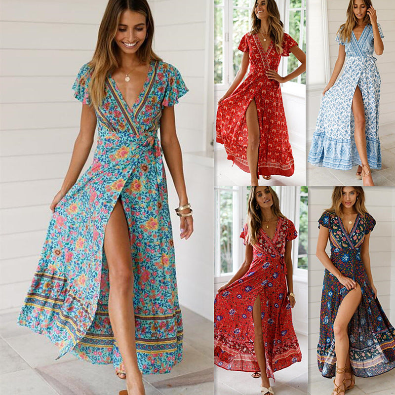 Women's Floral V-Neck Ruffle Wrap Vacation Dress