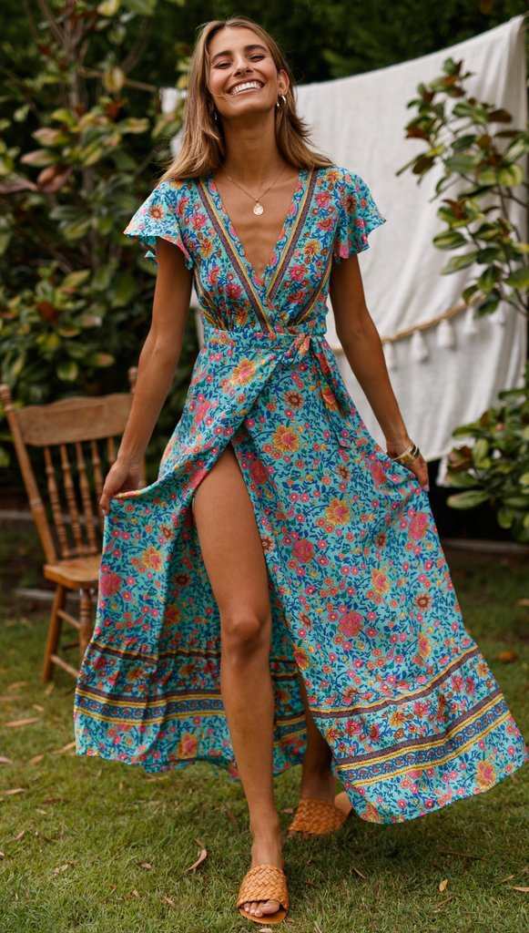 Women's Floral V-Neck Ruffle Wrap Vacation Dress