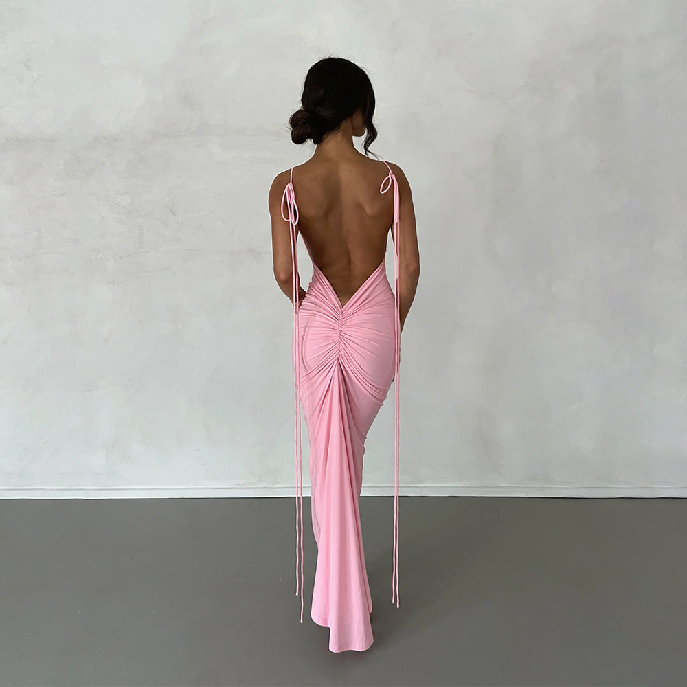 Dress Backless Pleated Evening Sleeveless Strap for