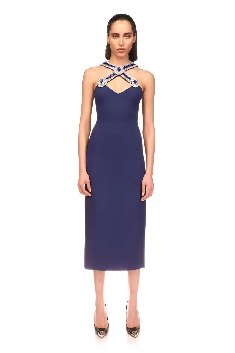 Women's Royal Blue Rhinestone V-Neck Split Maxi Dress