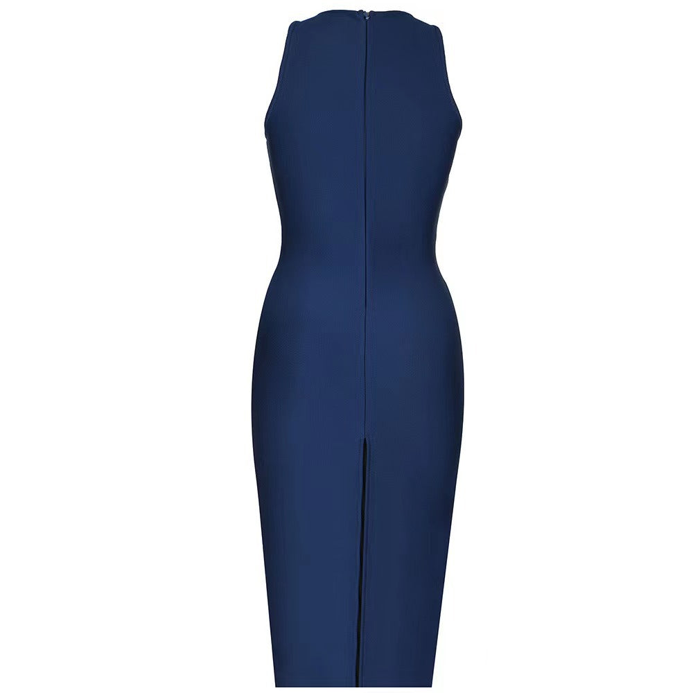 Women's Royal Blue Rhinestone V-Neck Split Maxi Dress