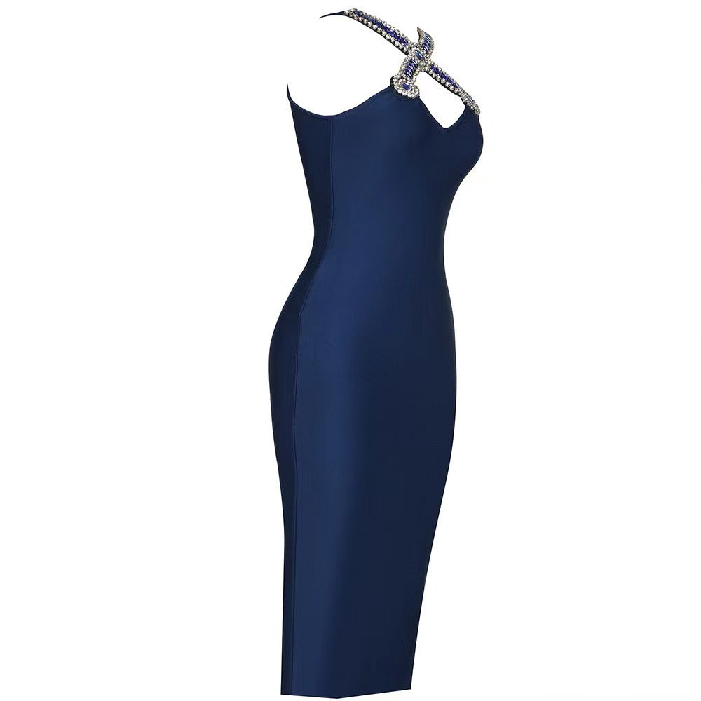 Women's Royal Blue Rhinestone V-Neck Split Maxi Dress