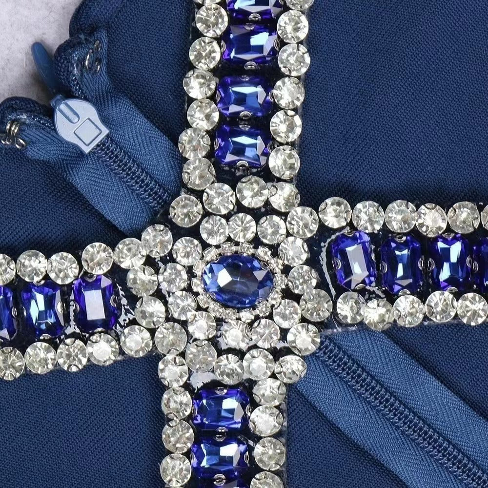 Women's Royal Blue Rhinestone V-Neck Split Maxi Dress