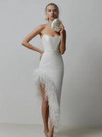 Summer High-Waist Feather Split Sleeveless Strapless Midi Dress Sweet Dres