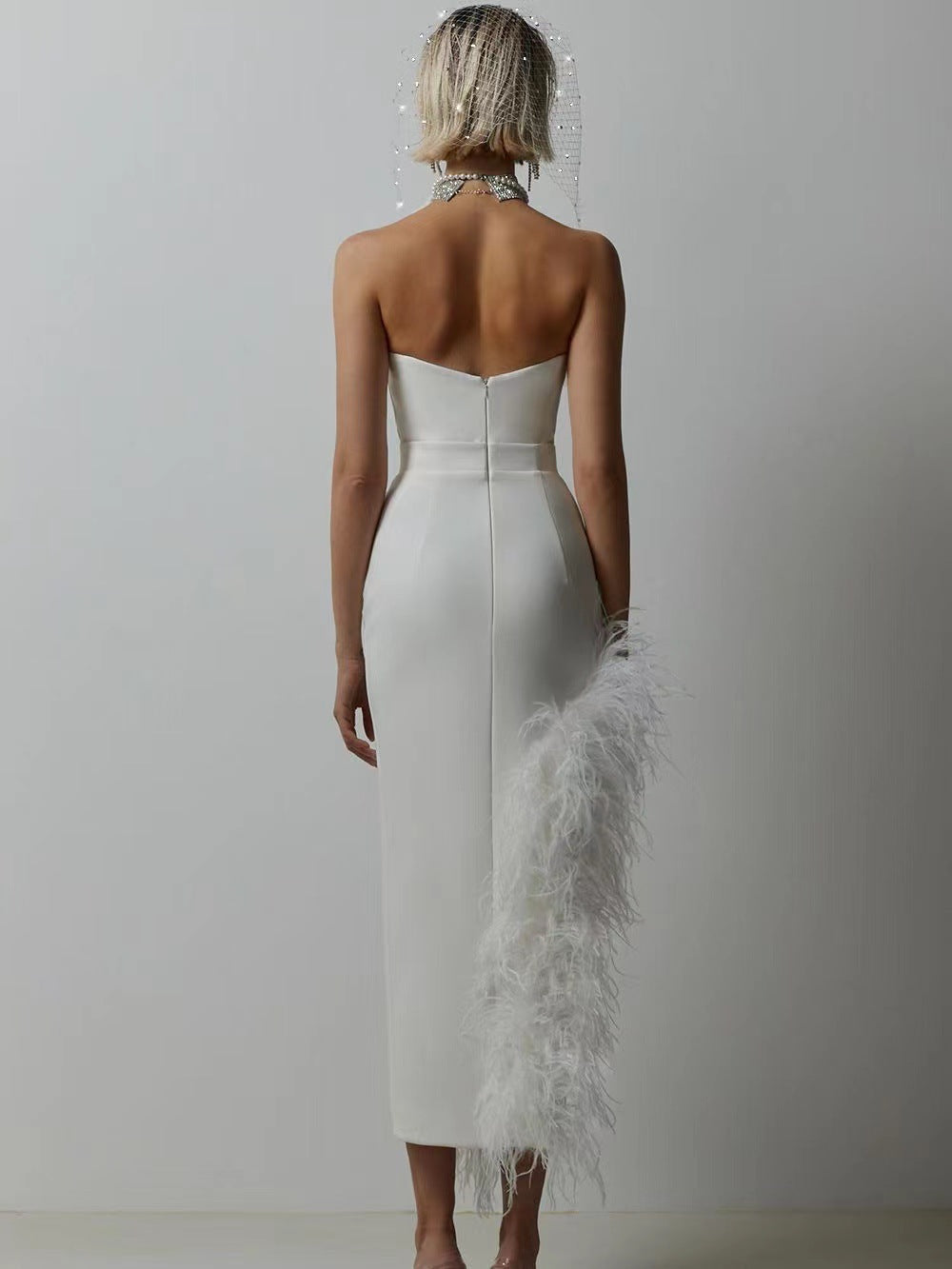 Summer High-Waist Feather Split Sleeveless Strapless Midi Dress Sweet Dres