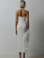 Summer High-Waist Feather Split Sleeveless Strapless Midi Dress Sweet Dres