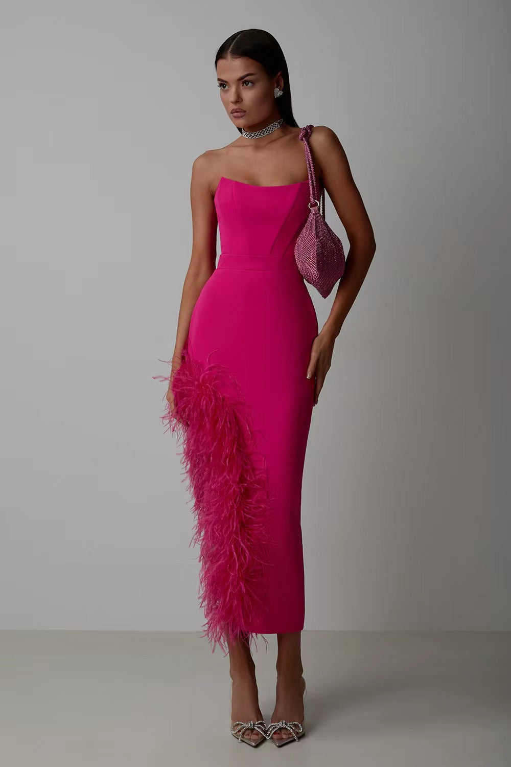 Summer High-Waist Feather Split Sleeveless Strapless Midi Dress Sweet Dres