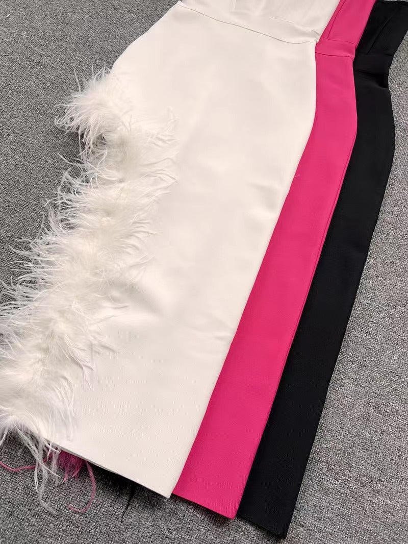 Summer High-Waist Feather Split Sleeveless Strapless Midi Dress Sweet Dres