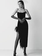 Summer High-Waist Feather Split Sleeveless Strapless Midi Dress Sweet Dres