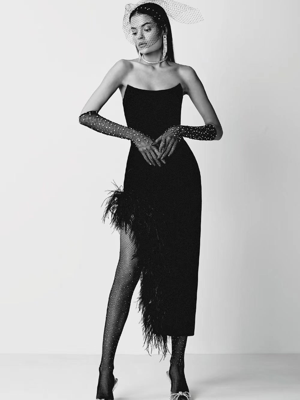 Summer High-Waist Feather Split Sleeveless Strapless Midi Dress Sweet Dres