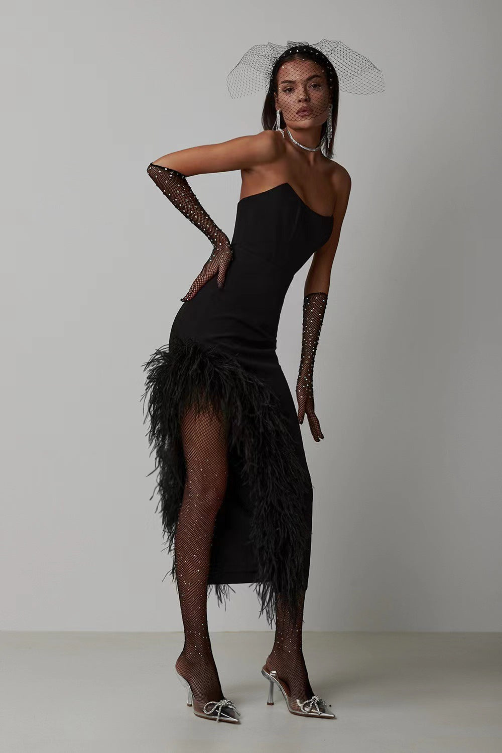 Summer High-Waist Feather Split Sleeveless Strapless Midi Dress Sweet Dres