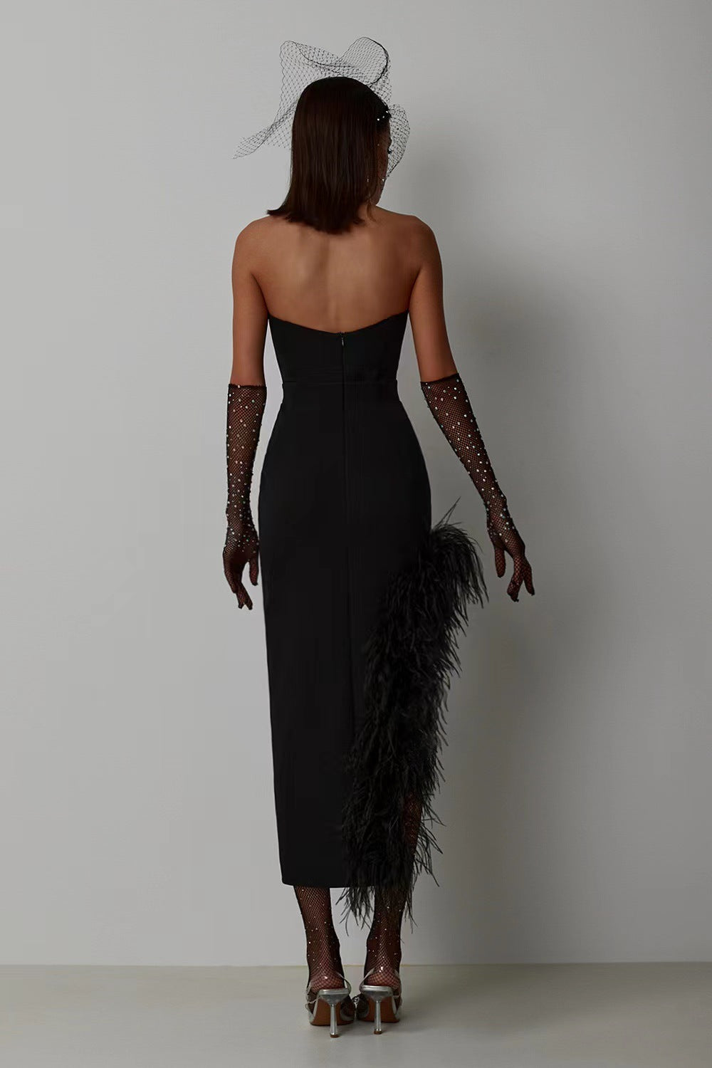 Summer High-Waist Feather Split Sleeveless Strapless Midi Dress Sweet Dres