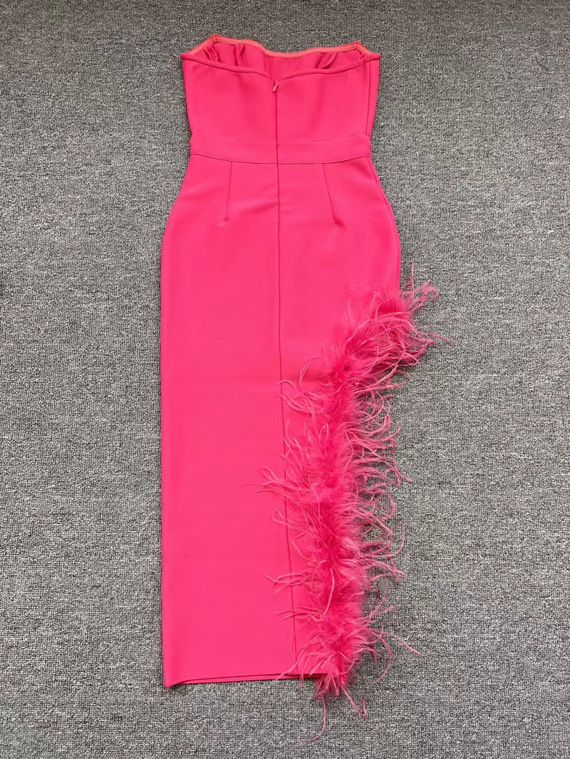 Summer High-Waist Feather Split Sleeveless Strapless Midi Dress Sweet Dres