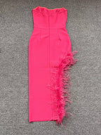 Summer High-Waist Feather Split Sleeveless Strapless Midi Dress Sweet Dres