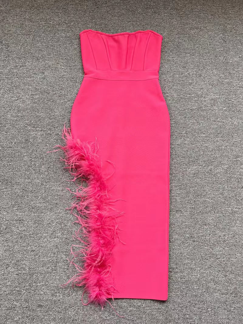 Summer High-Waist Feather Split Sleeveless Strapless Midi Dress Sweet Dres