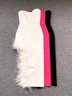 Summer High-Waist Feather Split Sleeveless Strapless Midi Dress Sweet Dres