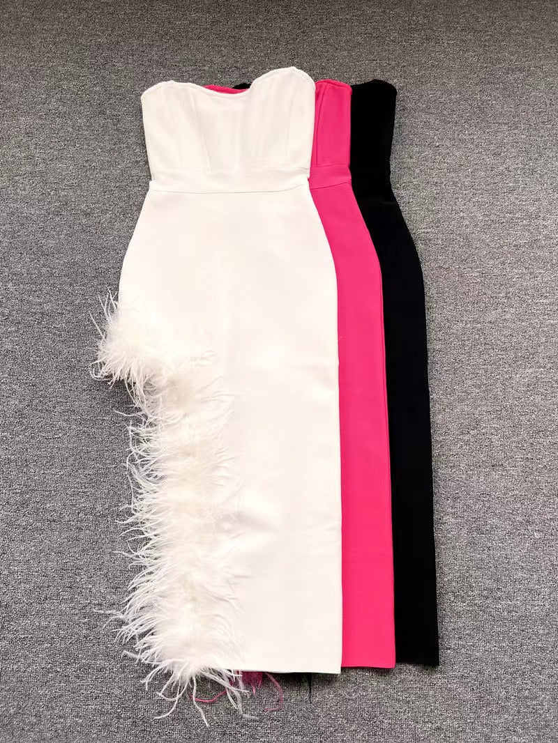 Summer High-Waist Feather Split Sleeveless Strapless Midi Dress Sweet Dres